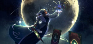 Astrologian reaching towards a floating object with her left hand with cards shuffling from her right hand while flying in front of a full moon; Illustration.