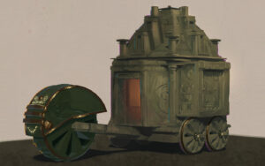 A five-wheeled cart with one large 'controlling' wheel in front.