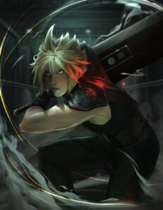 Cloud Strife swinging a massive weapon.
