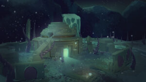 Exterior establishing visual development depicting a snowy night with glowing light coming from the door.