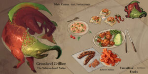A surf, turf, and sushi meal with chopsticks and a salmon-based swine featured on the left.