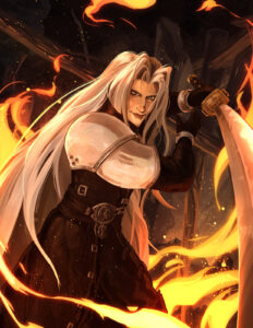 Sephiroth surrounded by flames wielding a large sword.