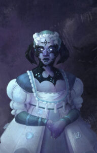 Snow Maiden in a seated pose for a portrait.